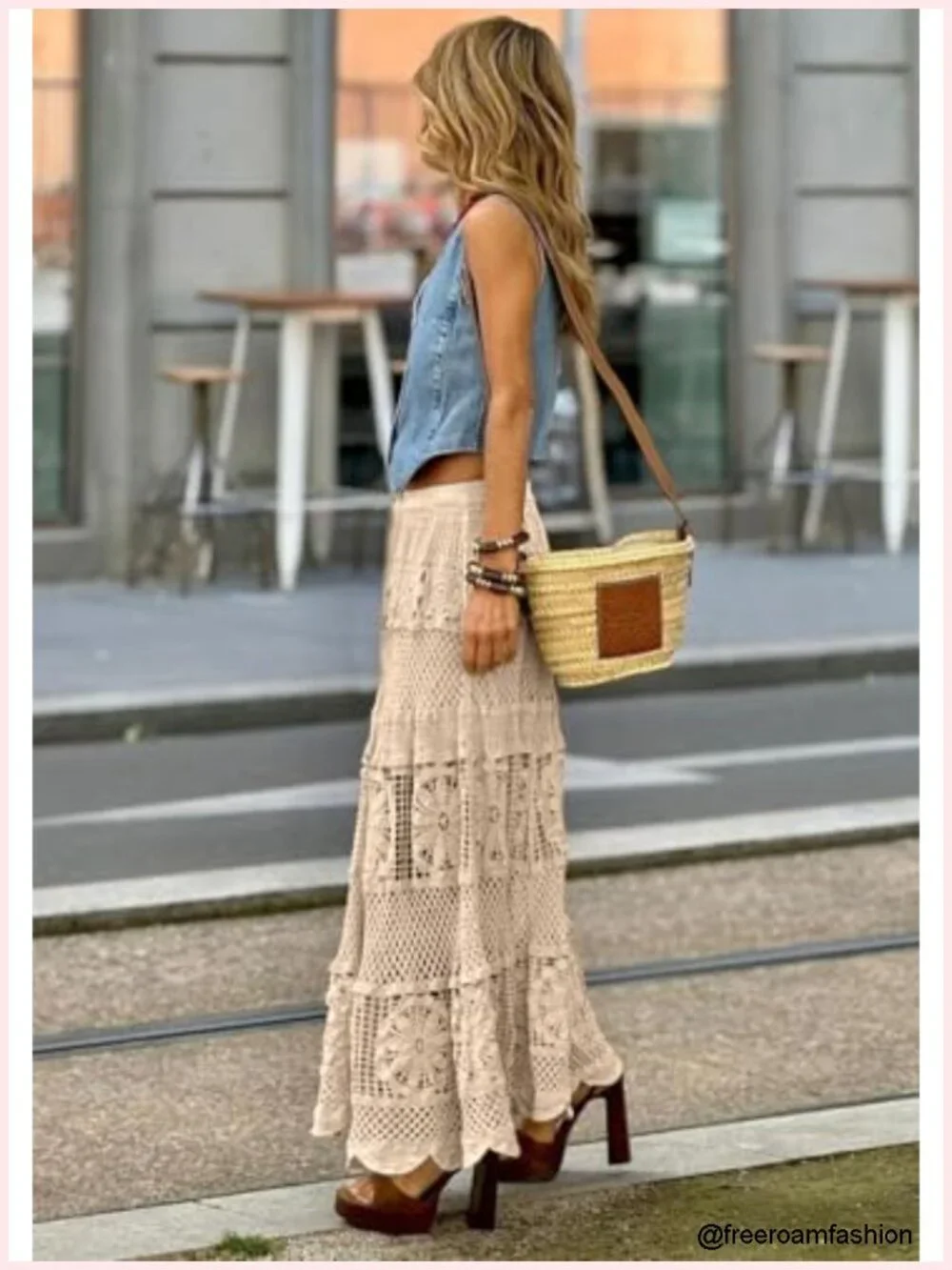 Women's Boho Maxi Skirt Floral Lace Crochet Knit A-Line Flowy